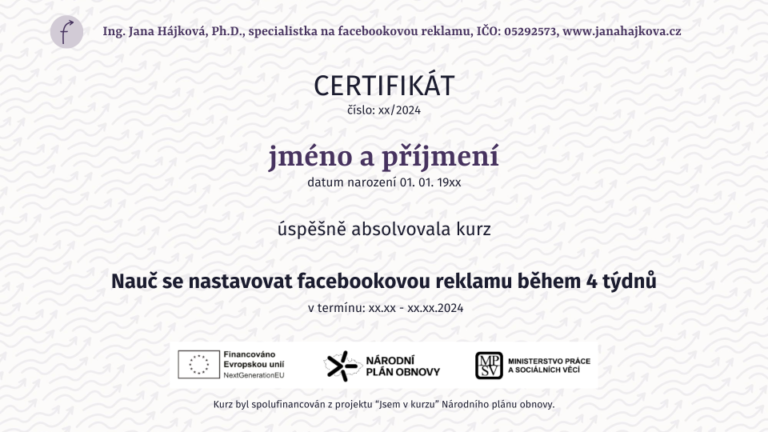 vzor certifikátu po kurzu facebookové reklamy